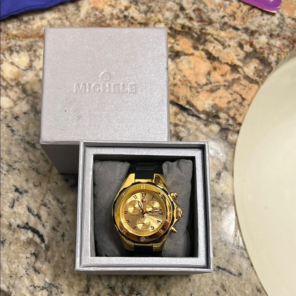 Michele Gold Chronograph with Black Strap - Picture 1 of 4